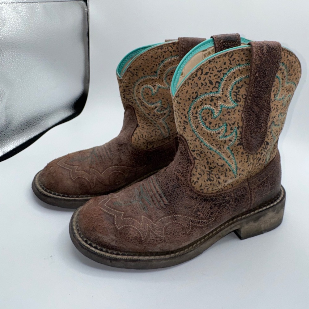 Ariat Fatbaby Brown Leather Leopard Print Western Boots Turquoise Women's 8B - Picture 2 of 11